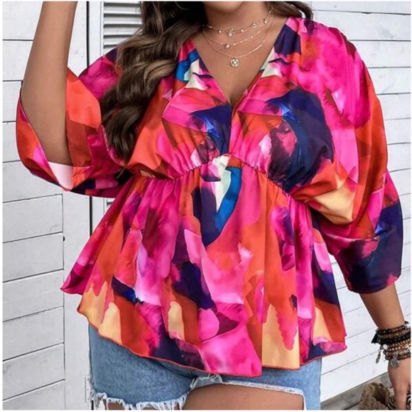 Plus Vibrant V Neck Batwing Sleeve Blouse 1X 2X 3X 4X - Picture 3 of 3